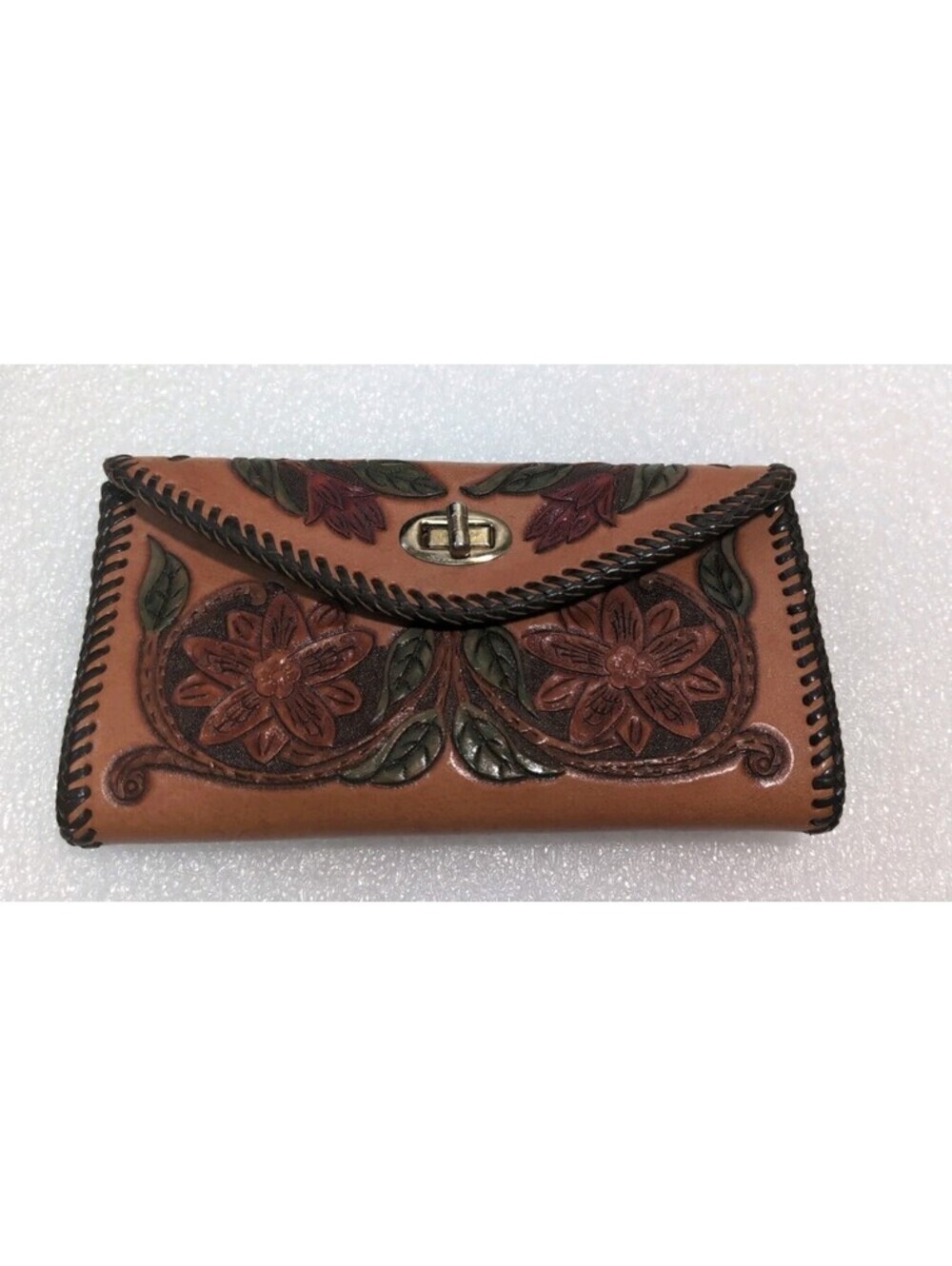 Floral Brown Genuine Leather Vintage Hand-Tooled Clutch/Wallet "SM" Initials